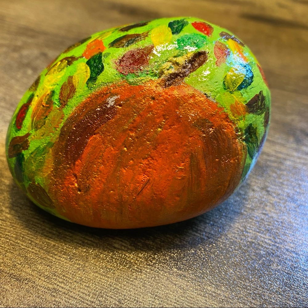 Handcrafted Pumpkin painted stone garden rock hand painted